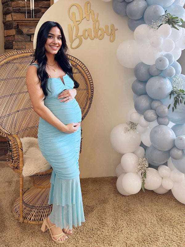 Momyknows Light Blue Tulle Ruffle Mermaid Cut Out Ruched Bodycon Gender Reveal Baby Boy Shower Maternity Maxi Dress
