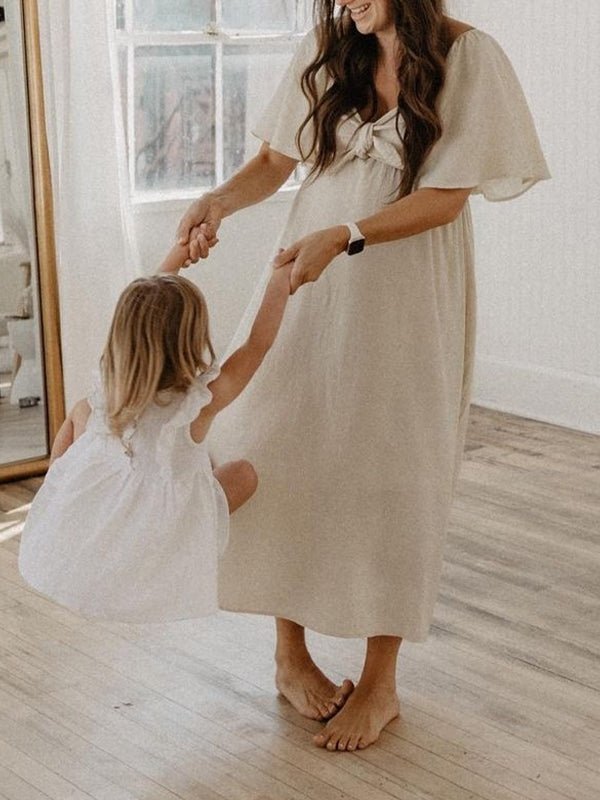 Momyknows Bow Flutter Sleeve Solid V-neck Flowy Cute Gender Reveal Maternity Maxi Dress, Beige / L