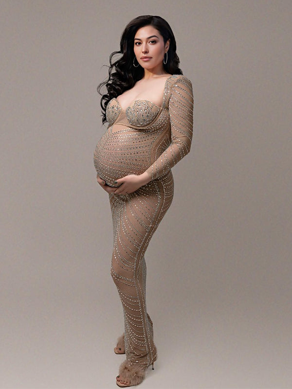 Momyknows Diamond Rhinestone Mesh Sheer Bodycon Elegant Photoshoot Maternity Maxi Dress