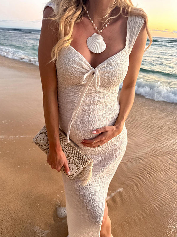 Momyknows Smocked Bow Tie Side Slit Elegant Bodycon Vacation Beach Photoshoot Cute Baby Shower Maternity Maxi Dress