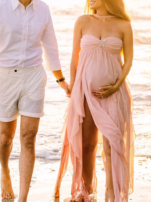 Momyknows Pink Irregular Ruffle Halter Neck Backless Flowy Elegant Vacation Beach Photoshoot Gender Reveal Girl Baby Shower Maternity Maxi Dress