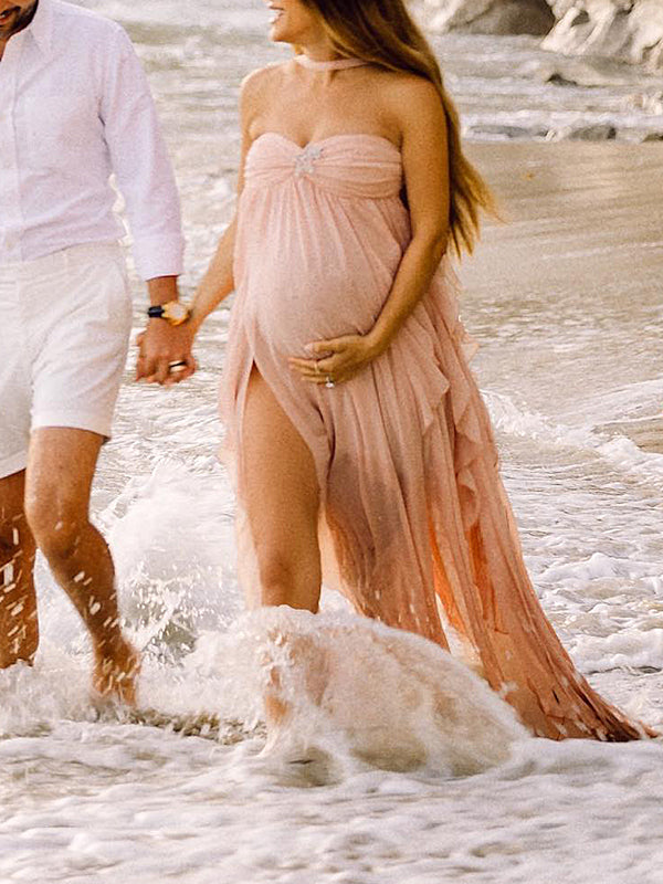 Momyknows Pink Irregular Ruffle Halter Neck Backless Flowy Elegant Vacation  Beach Photoshoot Gender Reveal Girl Baby Shower Maternity Maxi Dress