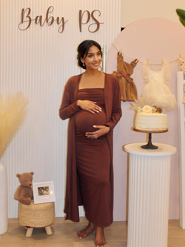 Momyknows Brown 2-in-1 Solid Color Elegant Bodycon Baby Shower Maternity Maxi Dress
