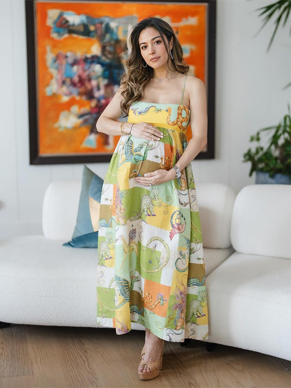 Momyknows Printed A-line Daily Vacation Fashion Baby Shower Maternity Maxi Dress