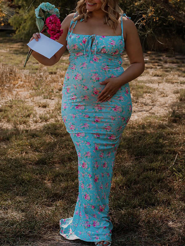 Momyknows Flowers Tie Cami Bodycon Fashion Photoshoot Cute Baby Shower Vacation Maternity Maxi Dress