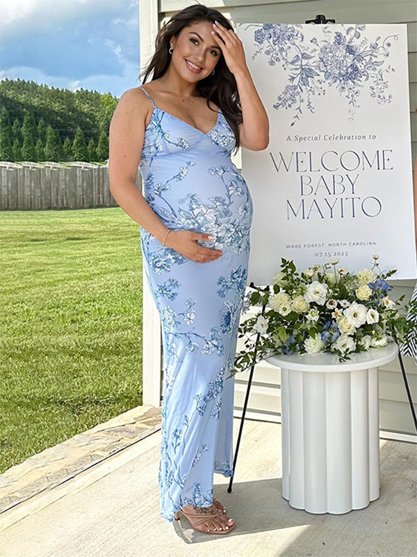 Momyknows Blue Flowers Spaghetti Strap Bodycon Fashion Vacation Cute Baby Shower Maternity Maxi Dress