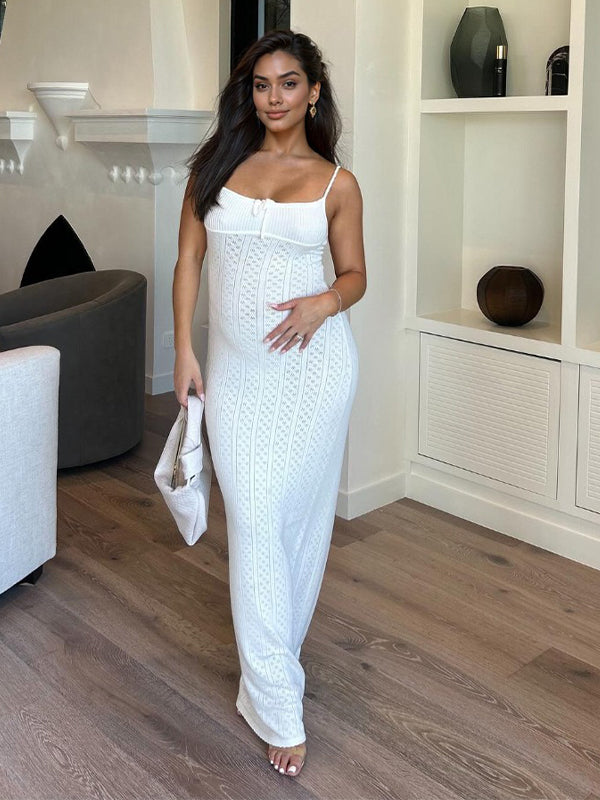 Momyknows White Crochet Cut Out Tie Back Slit Cami Bodycon Daily Cute Baby Shower Elegant Photoshoot Maternity Maxi Dress