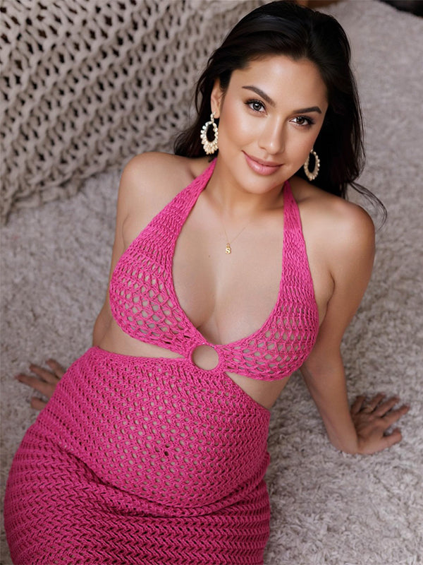 Momyknows Rose Carmine Halter Neck Cut Out Open Back Tie Bodycon Fashion Beach Vacation Photoshoot Maternity Maxi Dress