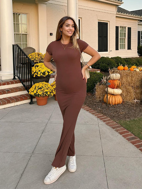 Momyknows Brown Solid Color Short Sleeve Bodycon Daily Casual Baby Shower Maternity Maxi Dress