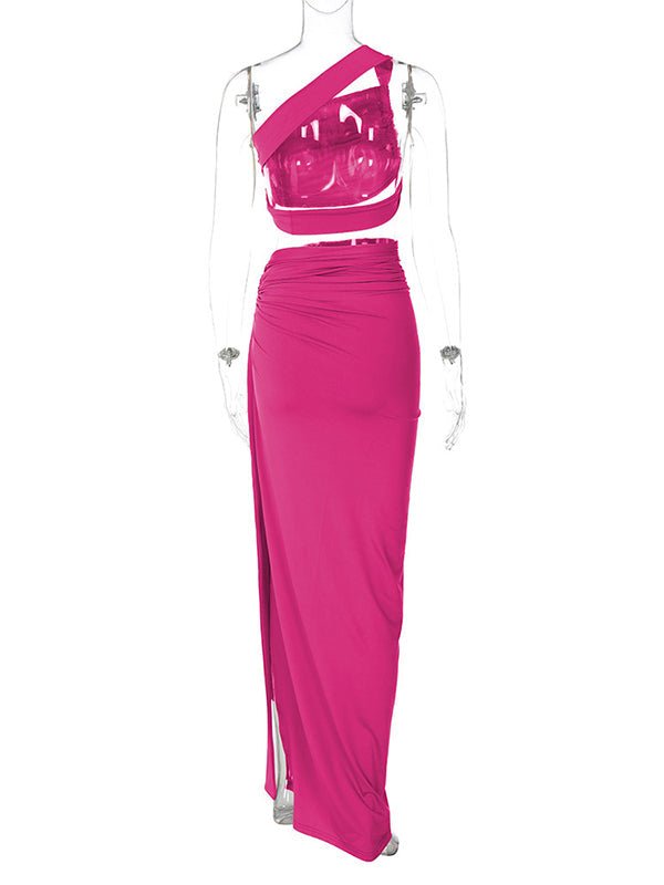 Momyknows One Shoulder Cut Out Side Slit Draped Ruched Bodycon Fashion Vacation Photoshoot Maternity Maxi Dress - Rose Carmine - 10