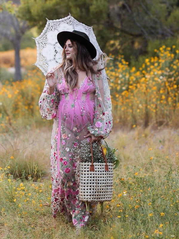 Momyknows Pink Flowers Backless Sheer V-neck Lantern Sleeve Boho Elegant Photoshoot Maternity Maxi Dress