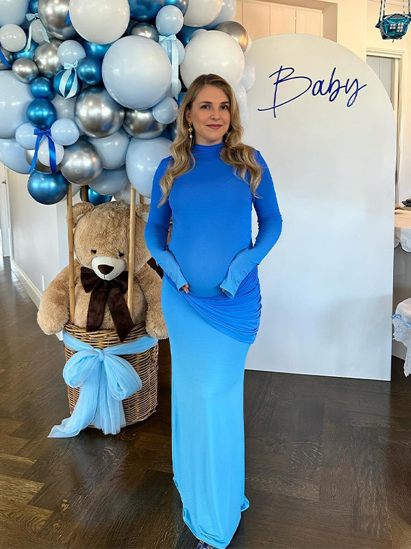 Momyknows Blue Hit Color Draped Band Neck Bodycon Fashion Baby Shower Maternity Maxi Dress