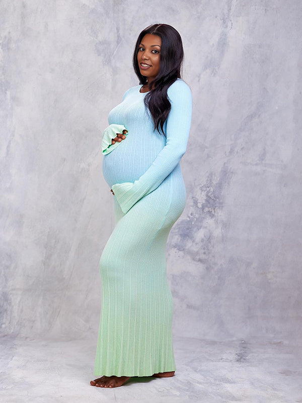 Momyknows Light Blue Hit Color Flare Sleeve Mermaid Elegant Photoshoot Baby Shower Maternity Maxi Sweater Dress