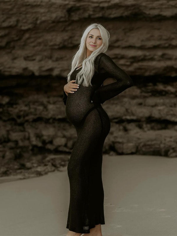 Momyknows Black Backless Tie Cut Out Flare Sleeve Beach Elegant Photoshoot Maternity Maxi Dress