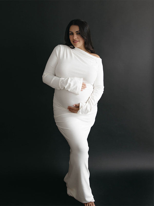 Momyknows White One Shoulder Mermaid Flare Sleeve Elegant Baby Shower Photoshoot Maternity Maxi Dress