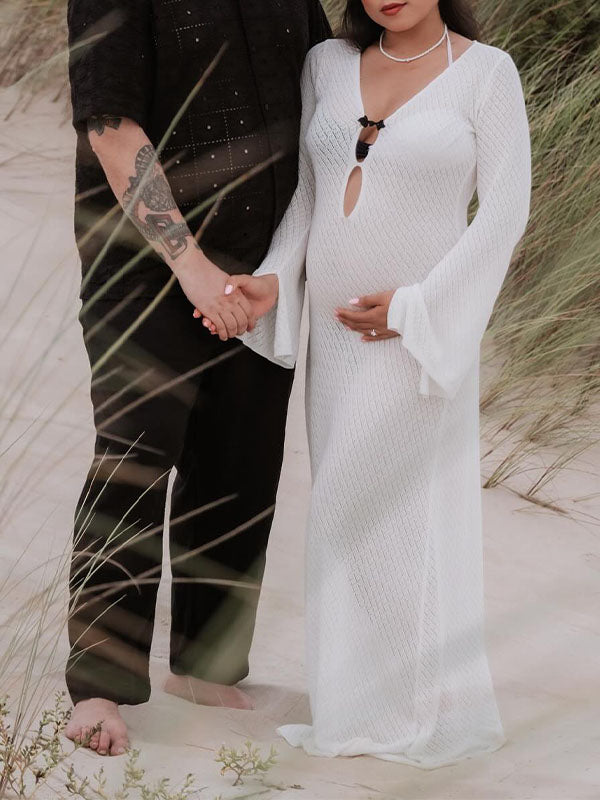 Momyknows White Bow Front Slit Cut Out Flare Sleeve Beach Elegant Photoshoot Maternity Maxi Dress