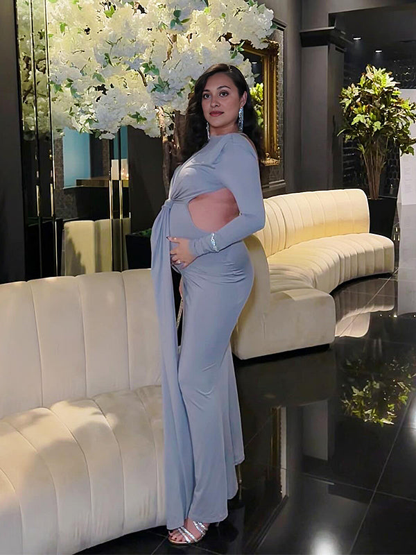 Momyknows Cut Out Draped Backless Bodycon Elegant Evening Party Photoshoot Baby Shower Maternity Maxi Dress