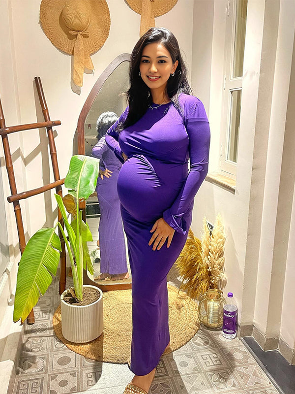 Momyknows Ruched Solid Color Flare Sleeve Bodycon Party Baby Shower Maternity Maxi Dress