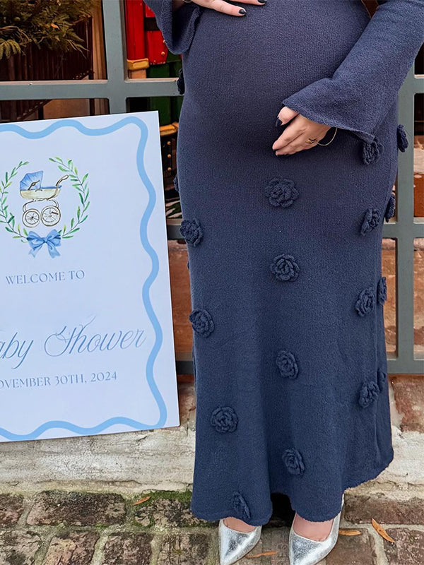 Momyknows Navy Blue Off Shoulder 3D Flowers Flare Sleeve Mermaid Bodycon Photoshoot Baby Shower Maternity Maxi Dress Momyknows Navy Blue Off Shoulder 3D Flowers Flare Sleeve Mermaid Bodycon Photoshoot Baby Shower Maternity Maxi Dress