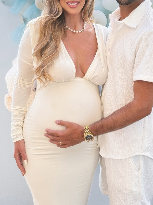 Momyknows White Deep V-neck Bodycon Elegant Evening Photoshoot Baby Shower Maternity Maxi Dress