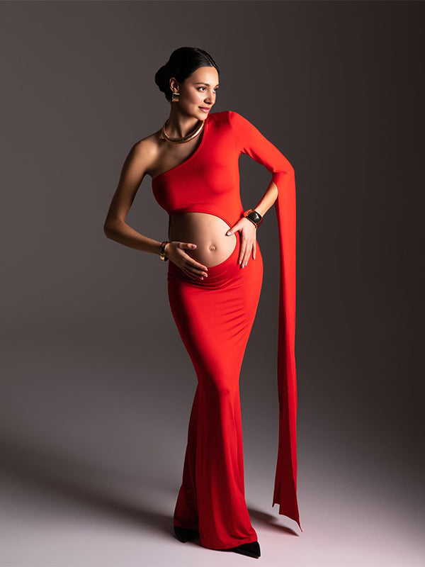 Momyknows Red One Slit Sleeve Cut Out Bodycon Elegant Photoshoot Maternity Maxi Dress