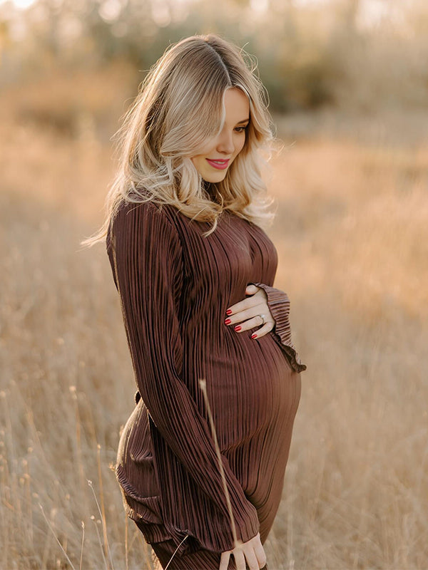 Momyknows Brown Pleated Ruffle Belted Elegant Photoshoot Baby Shower Maternity Maxi Dress Momyknows Brown Pleated Ruffle Belted Elegant Photoshoot Baby Shower Maternity Maxi Dress