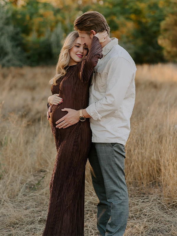 Momyknows Brown Pleated Ruffle Belted Elegant Photoshoot Baby Shower Maternity Maxi Dress Momyknows Brown Pleated Ruffle Belted Elegant Photoshoot Baby Shower Maternity Maxi Dress