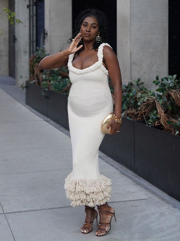 Momyknows White Fried Dough Twists Tassel Mermaid Bodycon Elegant Photoshoot Baby Shower Maternity Maxi Dress