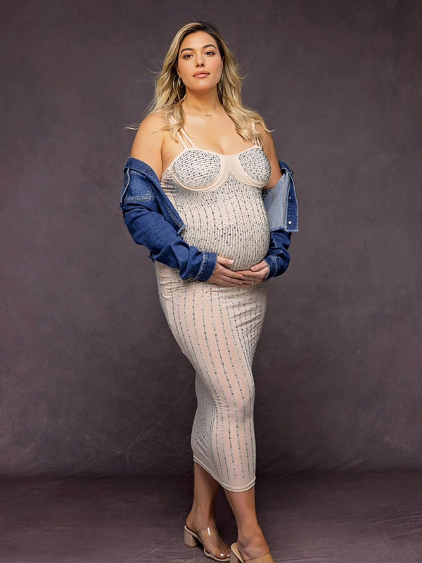 Momyknows Apricot Sheer Mesh Rhinestone Diamond Cami Bodycon Fashion Party Club Maternity Photoshoot Baby Shower Midi Dress