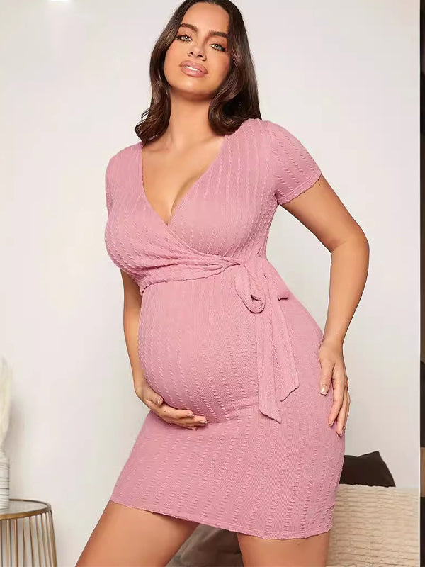 Momyknows Pink Cross Front Sashes V-Neck Bodycon Nursing Maternity Mini Dress