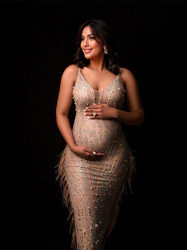 Momyknows Beige Sparkly Diamond Rhinestone Mesh Tassel Sheer Bodycon Elegant Photoshoot Maternity Midi Dress