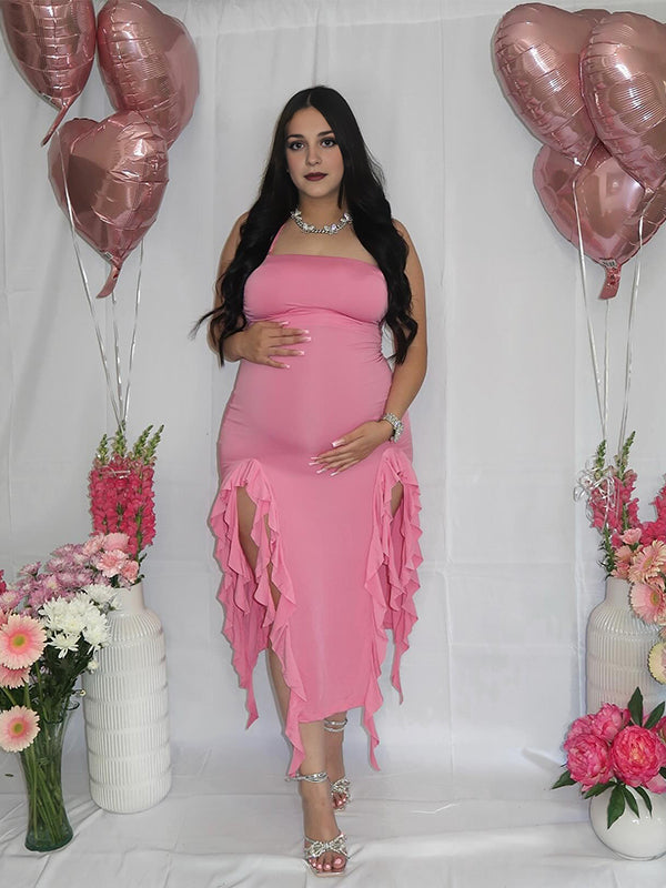 Momyknows Rose Carmine Ruffle Slit Bodycon Fashion Party Photoshoot Babyshower Maternity Midi Dress