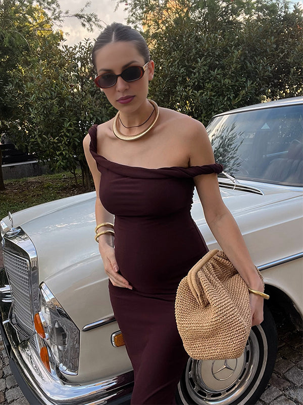 Momyknows Wine Red One Shoulder Bodycon Elegant Party Baby Shower Maternity Midi Dress