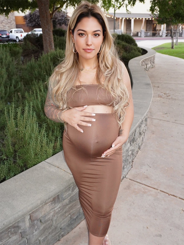 Momyknows Coffee 2-in-1 Solid Color Bodycon Fashion Party Baby Shower Maternity Midi Dress