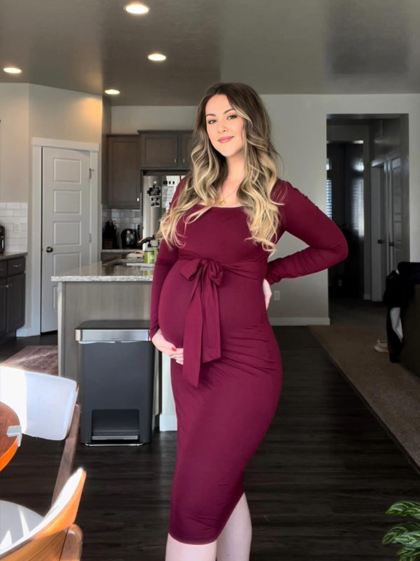 Momyknows Burgundy Belt Square Neck Bodycon Elegant Christmas Going Out Maternity Midi Dress