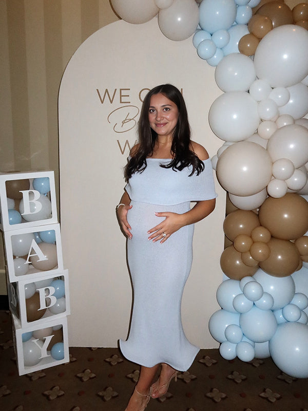 Momyknows Light Blue Knit Off Shoulder Wire Ripple Hem Bodycon Elegant Cocktail Party Maternity Baby Shower Midi Dress