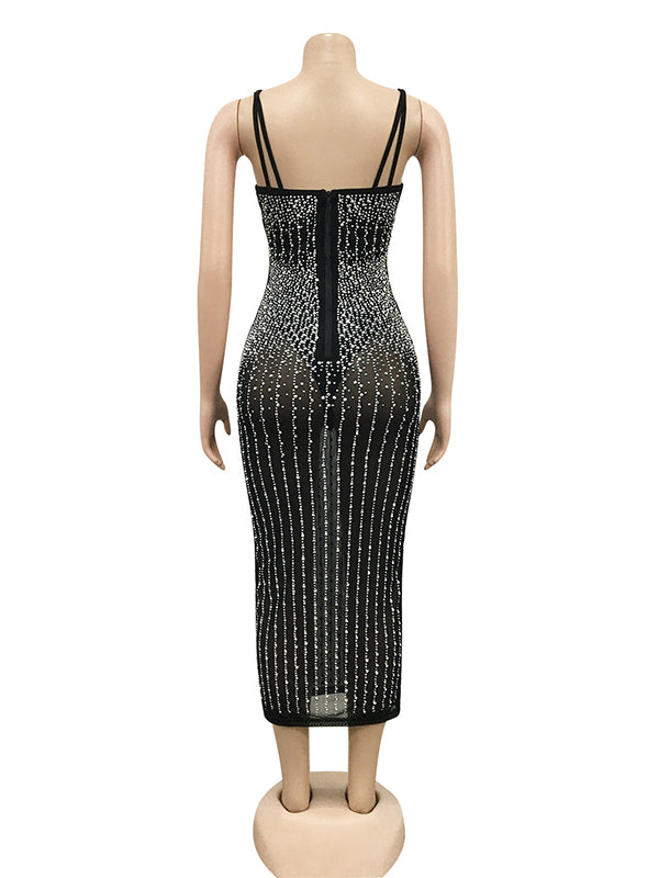 Momyknows Black Sparkly Diamond Rhinestone Sheer Bodycon