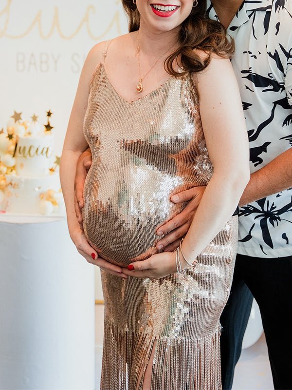 Momyknows Champagne Sequin Tassel Backless Bodycon Cocktail Party Baby Shower Maternity Midi Dress