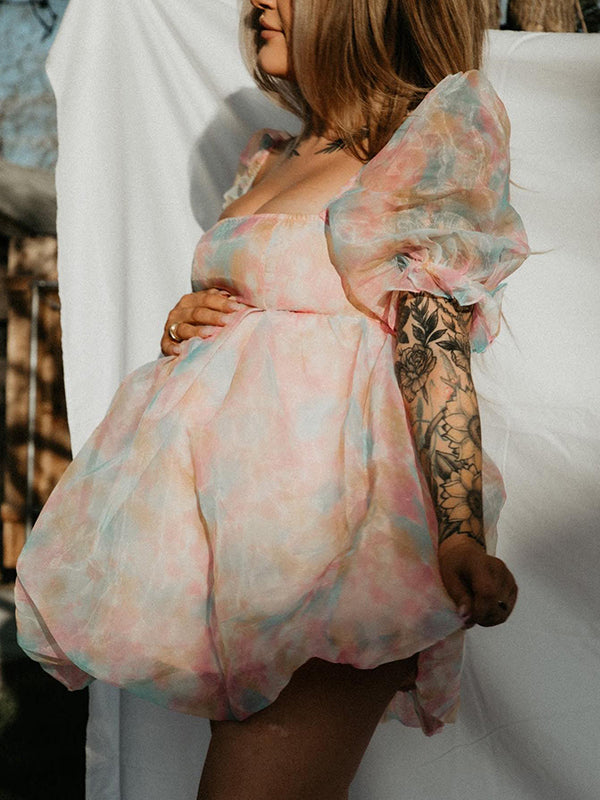 Momyknows Pink-Blue Tie Dye Grenadine Puff Sleeve A-line Puffy Tulle Sweet Gender Reveal Maternity Photoshoot Baby Shower Mini Dress