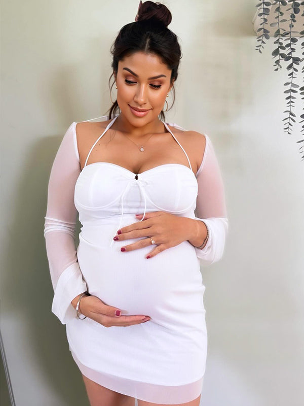 Momyknows White Mesh Square Neck Cami Flare Sleeve Bodycon Chic Party Clubwear Maternity Photoshoot Baby Shower Mini Dress