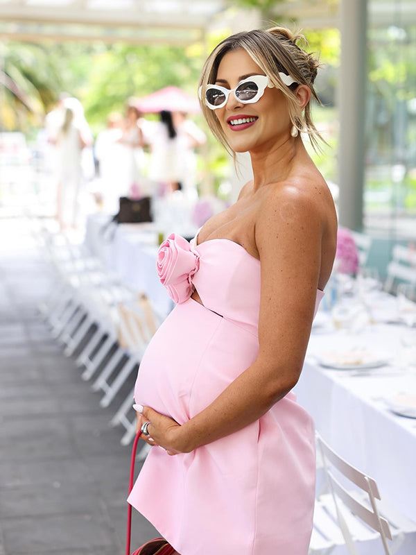 Momyknows Pink 3D Flowers Cut Out Crop Strapless Bandeau A-line Sweet Party Maternity Photoshoot Baby Shower Mini Dress