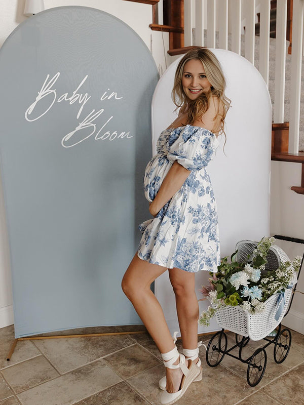 Momyknows Blue Floral Ruched Off Shoulder A-line Puff Sleeve Sweet Going Out Maternity Photoshoot Baby Shower Mini Dress