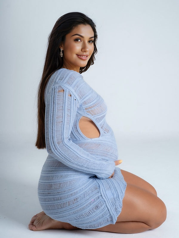 Momyknows Blue Knitwear Cut Out Bodycon Long Sleeve Bodycon Photoshoot Maternity Mini Dress