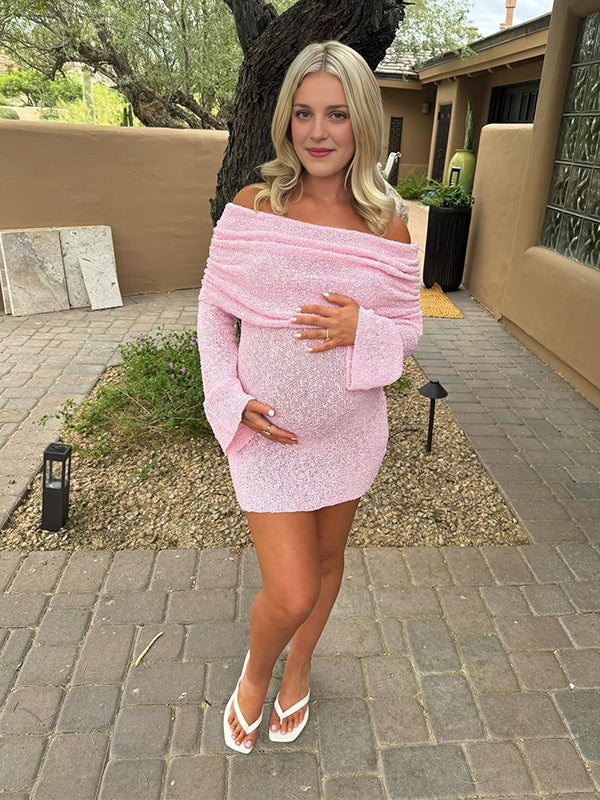 Momyknows Pink Off Shoulder Knitwear Bodycon Going Out Dress Cute Baby Shower Maternity Mini Dress