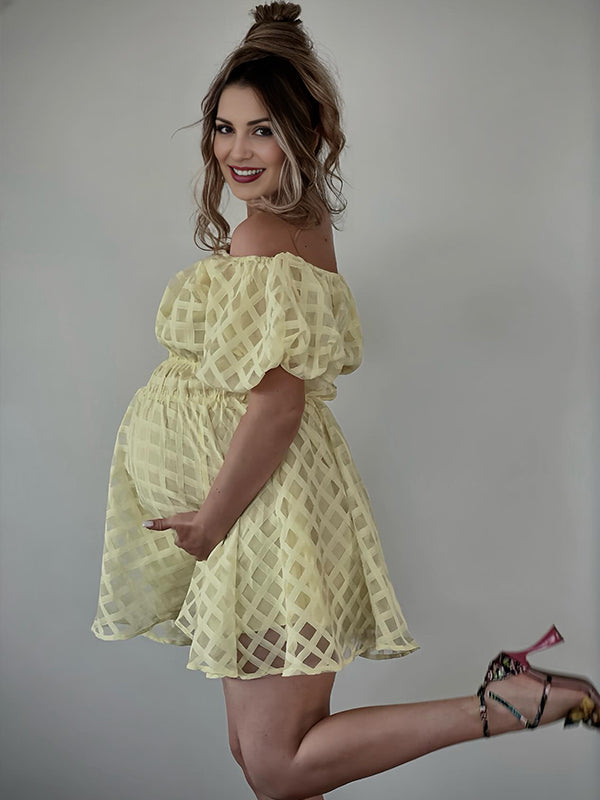 Momyknows Yellow Plaid Off Shoulder Puff Sleeve A-line Square Neck Elegant Daily Going Out Maternity Photoshoot Baby Shower Mini Dress