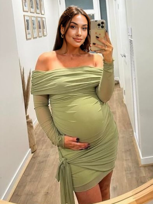 Momyknows Green Mesh Ruched Knot Draped Off Shoulder Bodycon Elegant Cocktail Party Maternity Photoshoot Baby Shower Mini Dress