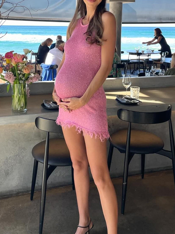 Momyknows Pink Round Neck With Tassels Maternity Mini Dress