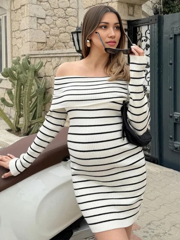 Momyknows Apricot Striped Knit Off Shoulder Long Sleeve Bodycon Elegant Maternity Going Out Mini Sweater Dress