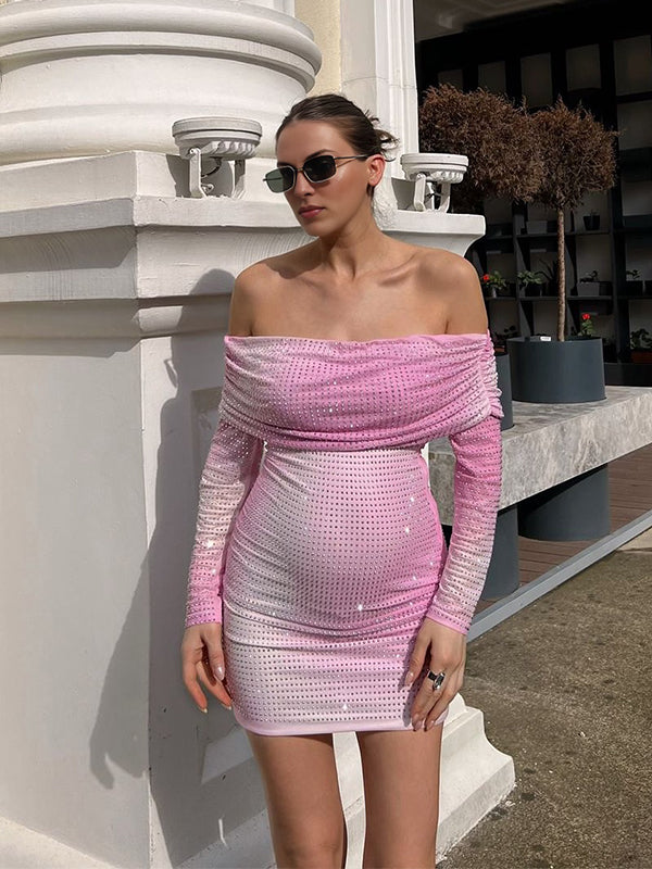 Momyknows Pink Gradient Color Glitter Sequin Off Shoulder Ruched Bodycon Chic Party Elegant Maternity Photoshoot Mini Dress