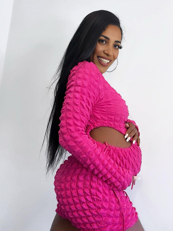 Momyknows Rose Carmine Drawstring Stretch Bubble Grid Modern Going Out Maternity Photoshoot Mini Dress